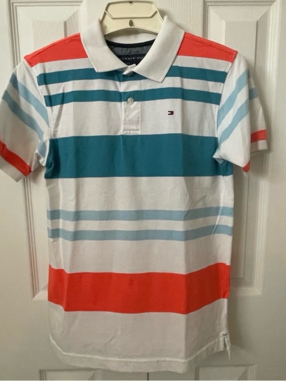 Kids Tommy Hilfiger White Polo with Teal, Light Blue & Orange Stripes